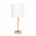 Creekwood Home Oslo 19.5in Contemporary Power Outlet Base Metal Table Lamp, Rose Gold, White Drum Fabric Shade CWT-2010-RG